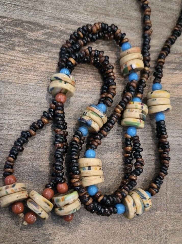 Vtg Handcrafted Long Brown, Tan, Terracotta, & Blue Beaded Necklace