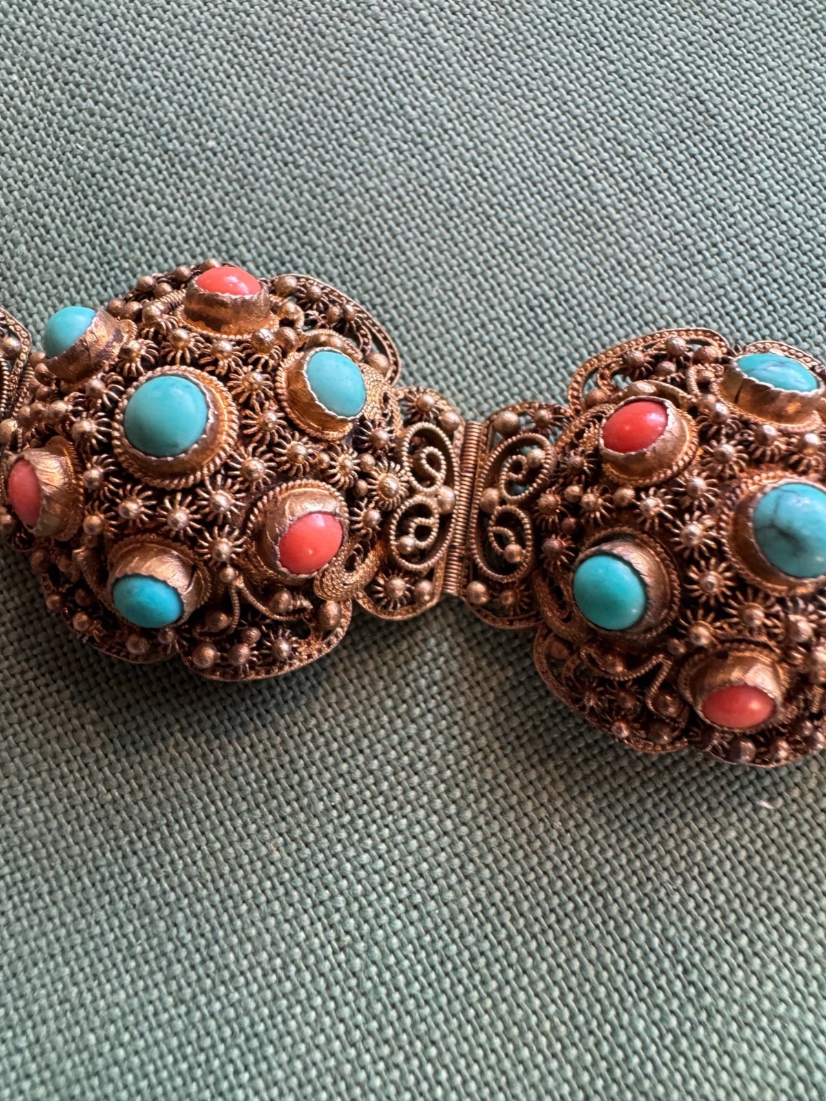 Intricate Gold Wash Silver, Turquoise & Coral Bracelet, ASIA, China, VINTAGE