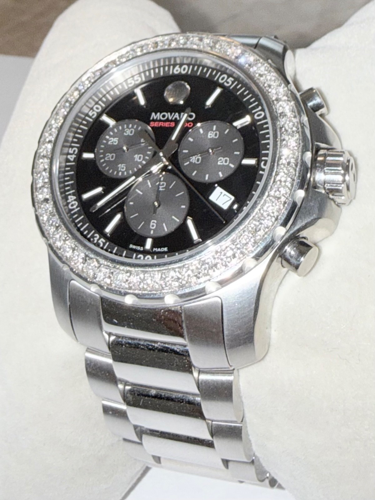 Authentic Movado Men’s Series 800 Chronograph Lab Grown Diamond Black Dial Watch