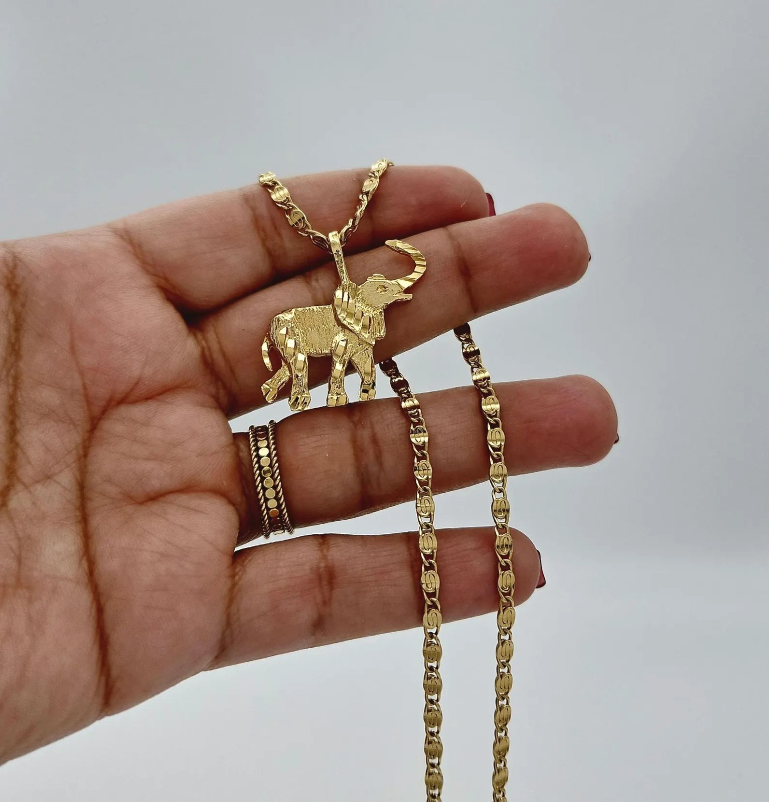 Gold Elephant Necklace, Medium Elephant Pendant, 3mm Scroll Chain, 14K Plated