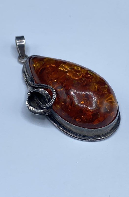 Sterling Silver 925 Cognac Amber Teardrop Pendant Floral Calla Lily 2.75″ 28.5g