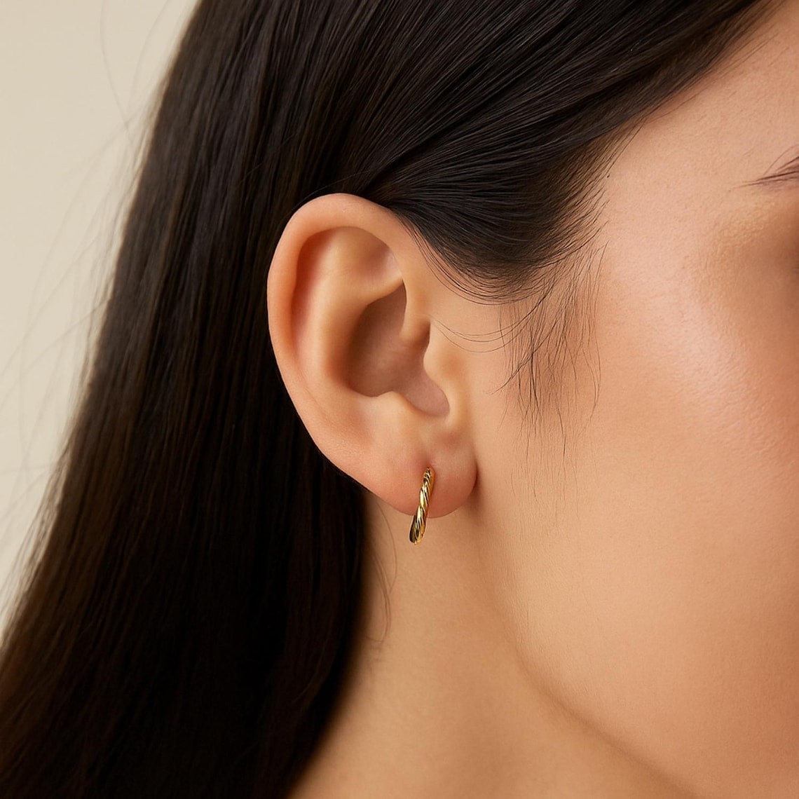 14K Real Solid Yellow Gold Twisted Round Creole Hoops Earrings Small Size 15MM