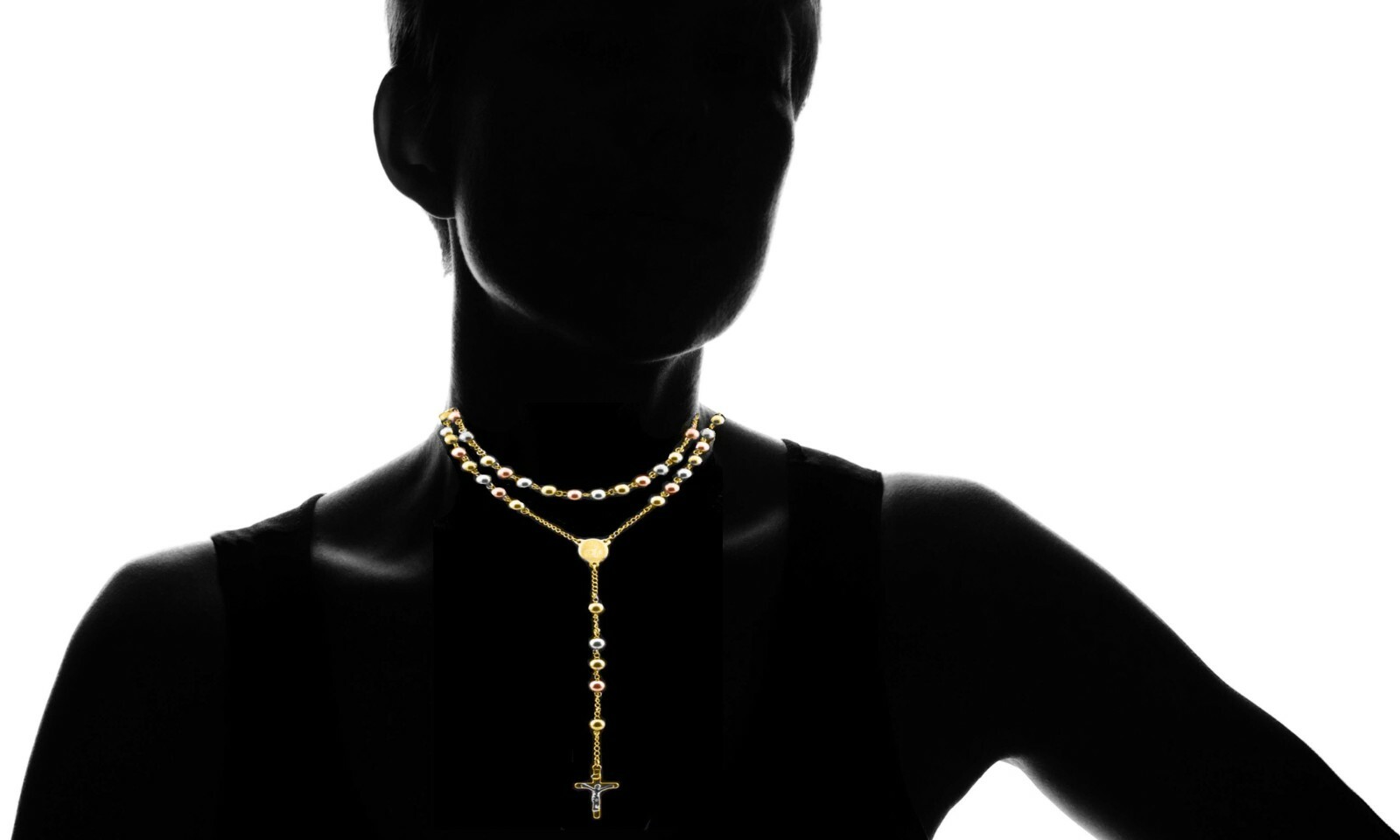 18K Yellow & Rose Gold Plated 24″ Diamond Cut Rosary Jesus Cross Charm Necklace