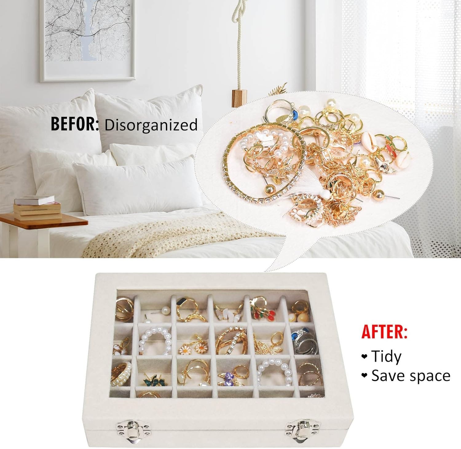 Velvet Jewelry Box 24 Grid – Ring/Earrings Organizer, Storage Case for Women