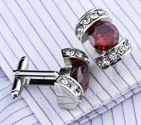 Round Cut Lab Created Garnet Diamond Men’s Shirt Cufflink 14k White Gold Plated