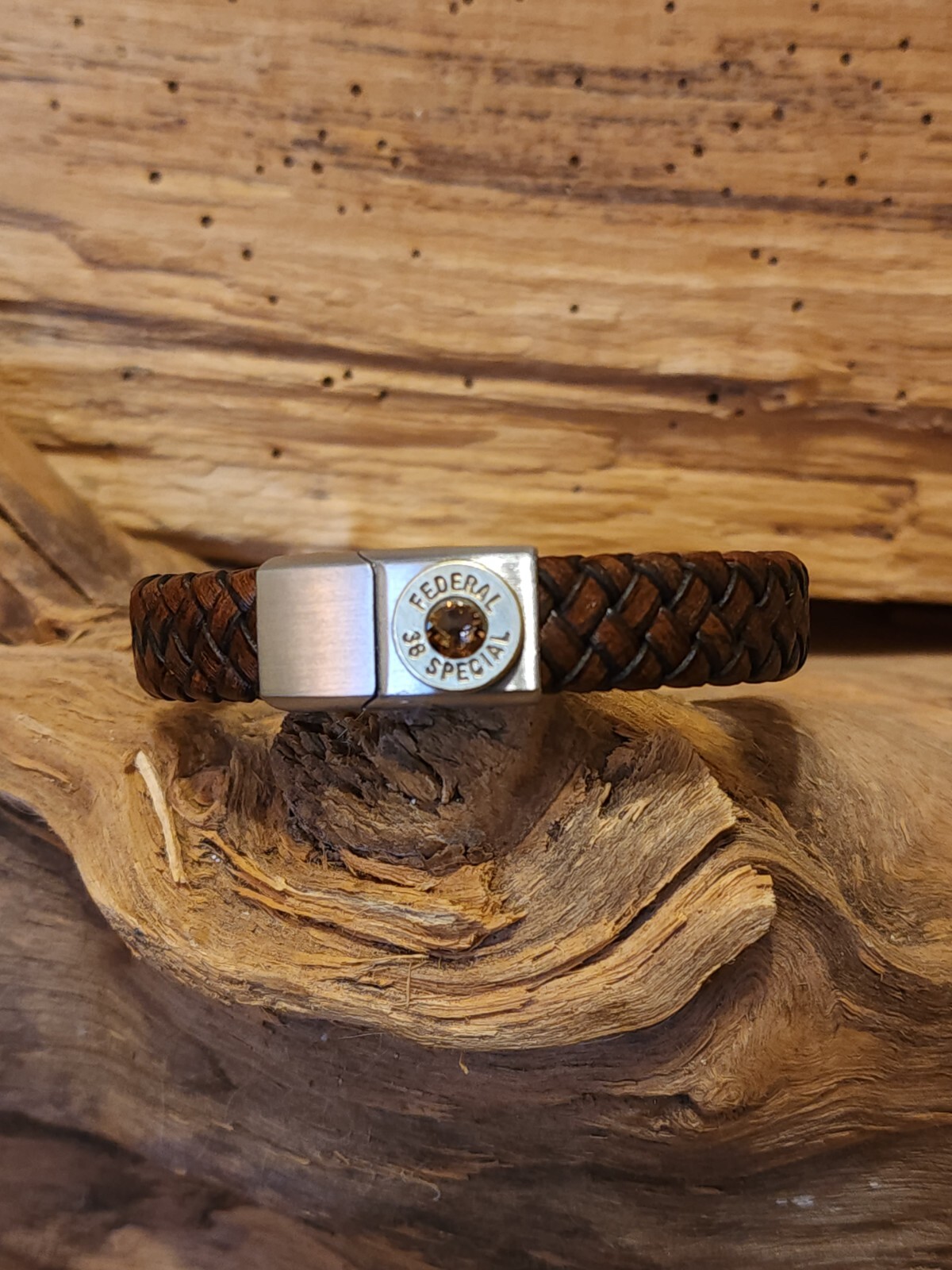 Vintage Coffee Brown Leather Bullet Bracelet. Optional Crystal.