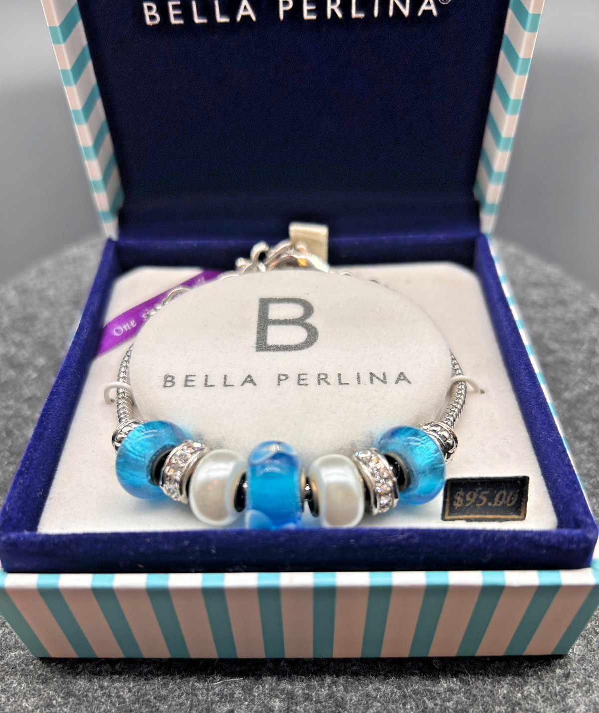 Bella Perlina Blue Glass Charm Bracelet Silver Tone White Pearls UNWORN NIB