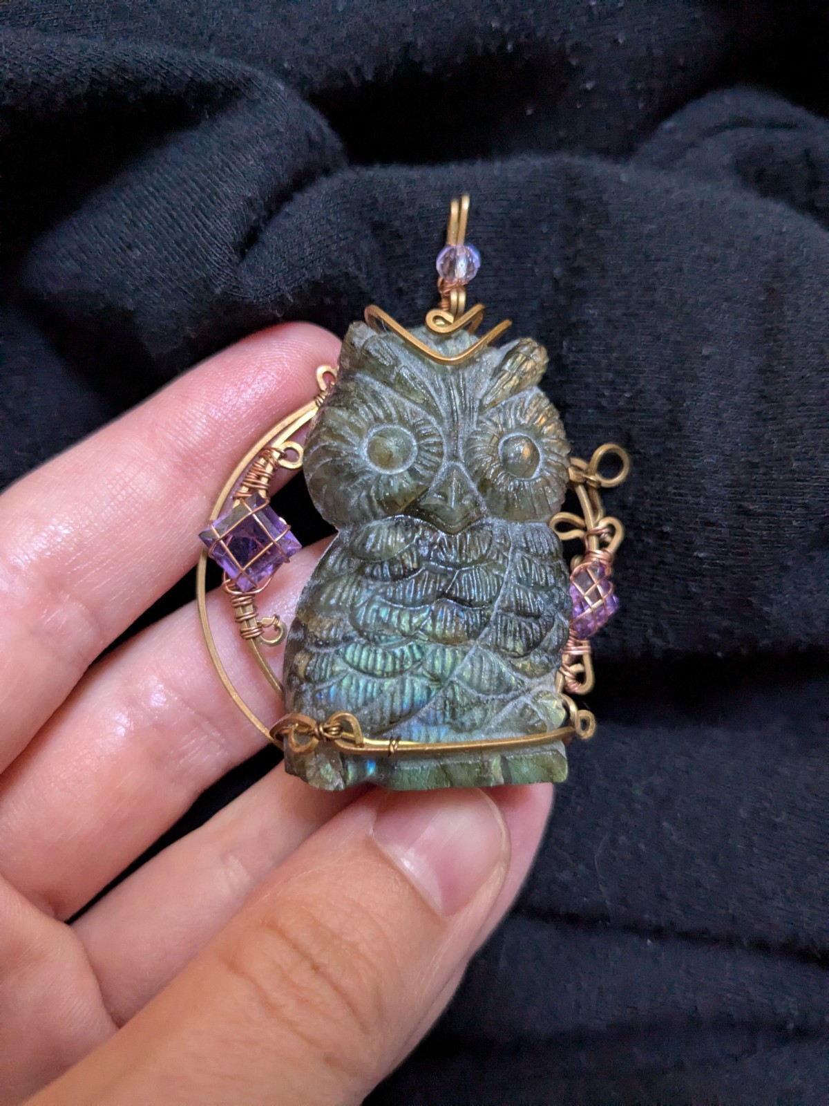 Hand wrapped Labradorite Carved Owl Amethyst Wire Brass Copper