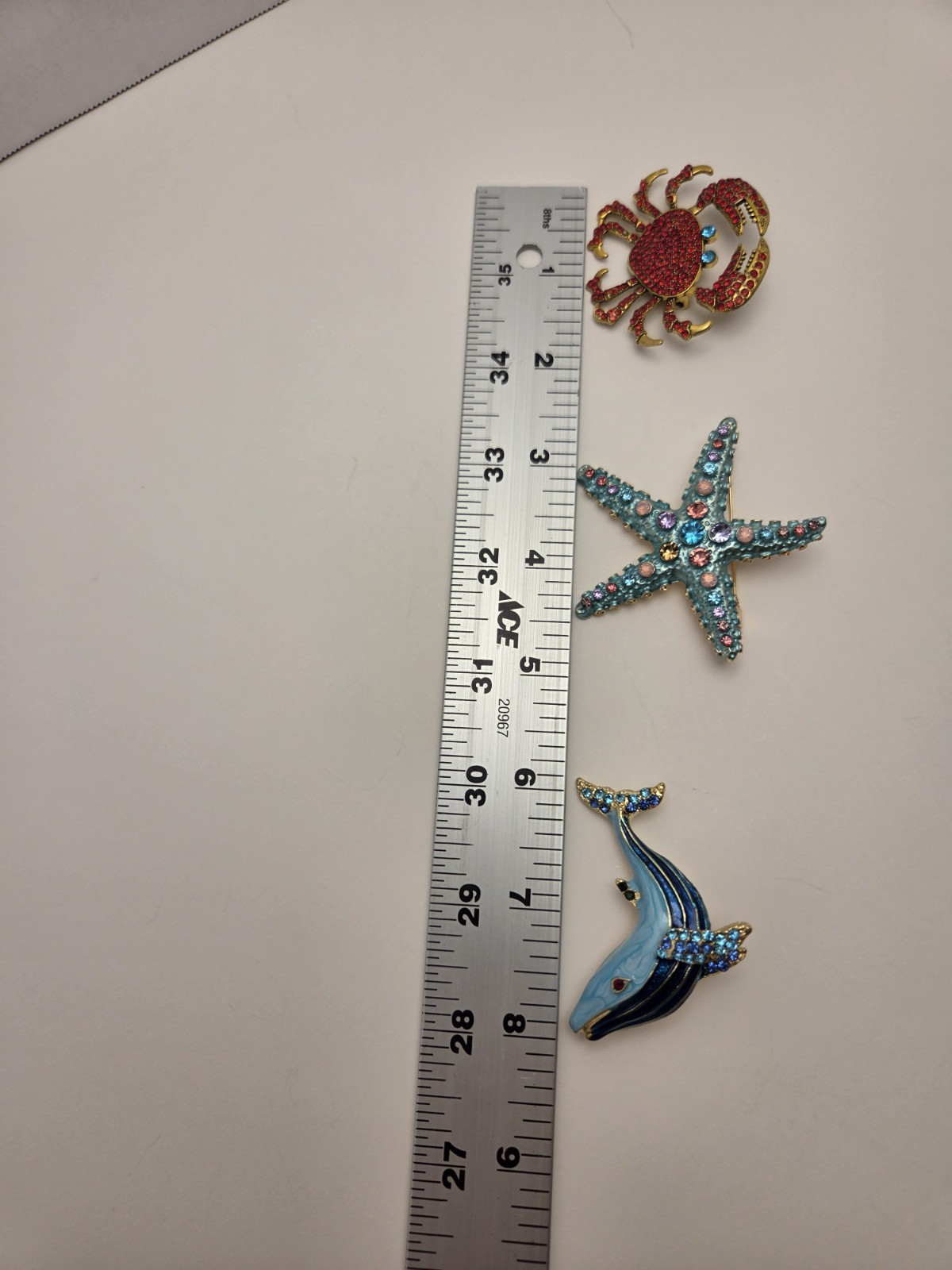 Lot of 3 Sea Life Brooch Pins Rhinestone Enamel Crab Starfish Whale 2 in