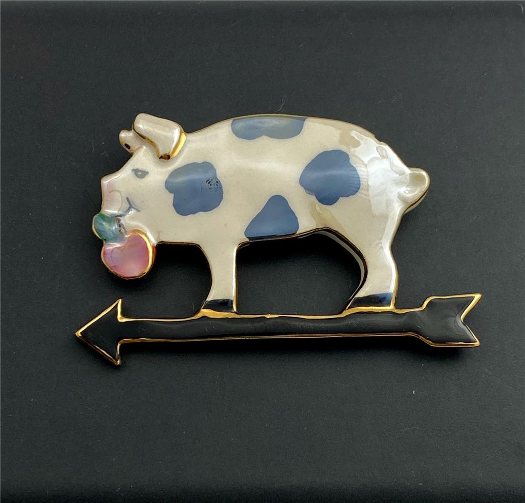 Vintage Ceramic Enamel Pig on Weather Van Brooch Pin