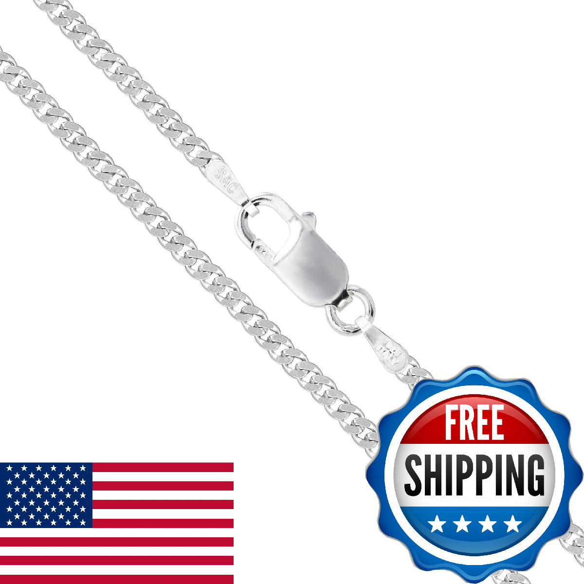 Sac Silver Sterling Silver Italian Curb Chain 2Mm Solid 925 Italy 2 Sided