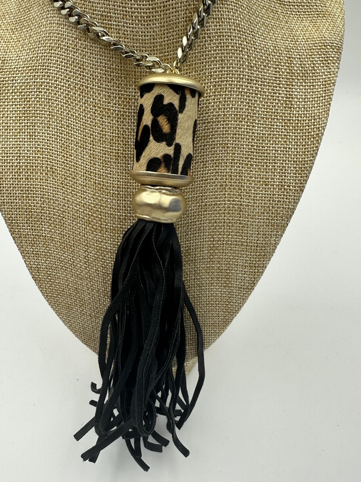 Chico’s Carson Tass Necklace Earrings Set Leopard Tassel Women’s Gold Tone Black