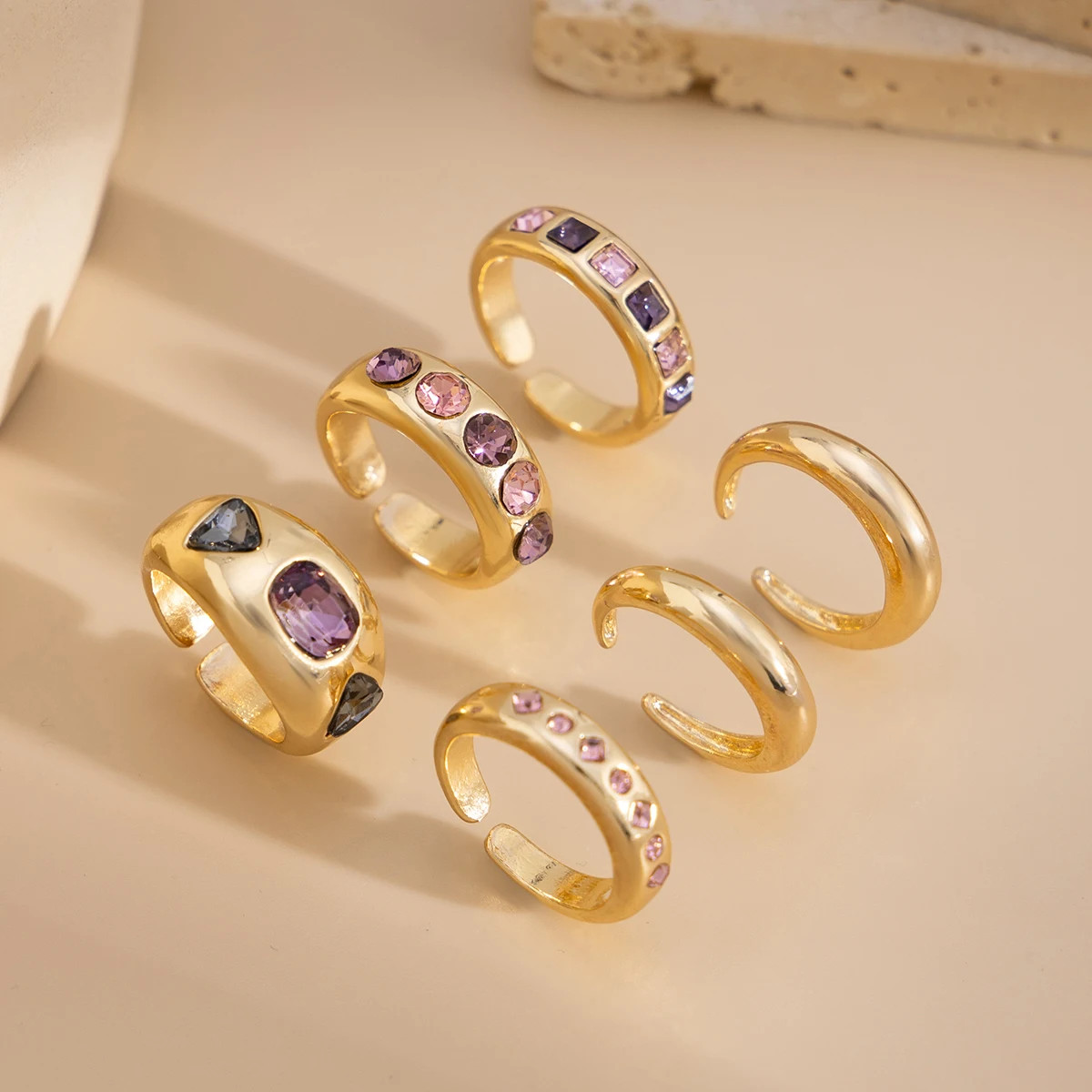 Purple Ring Set Simulated Zirconia Adjustable Open Band Womens Jewelry 6PCS