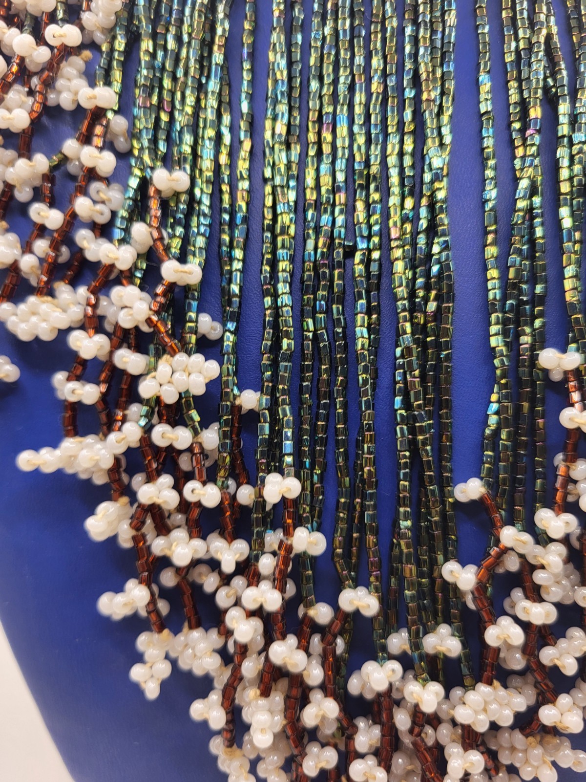 Handmade Blue Iridescent White Seed Bead Fringe Waterfall Choker Bib Necklace