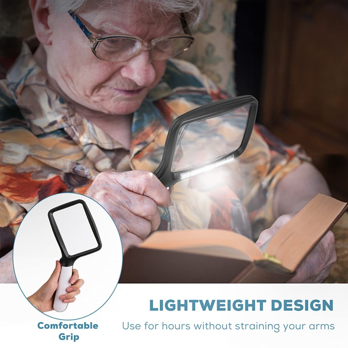 5X Folding Handheld Magnifying Glass with LED Light – Large Rectangle Magnifier