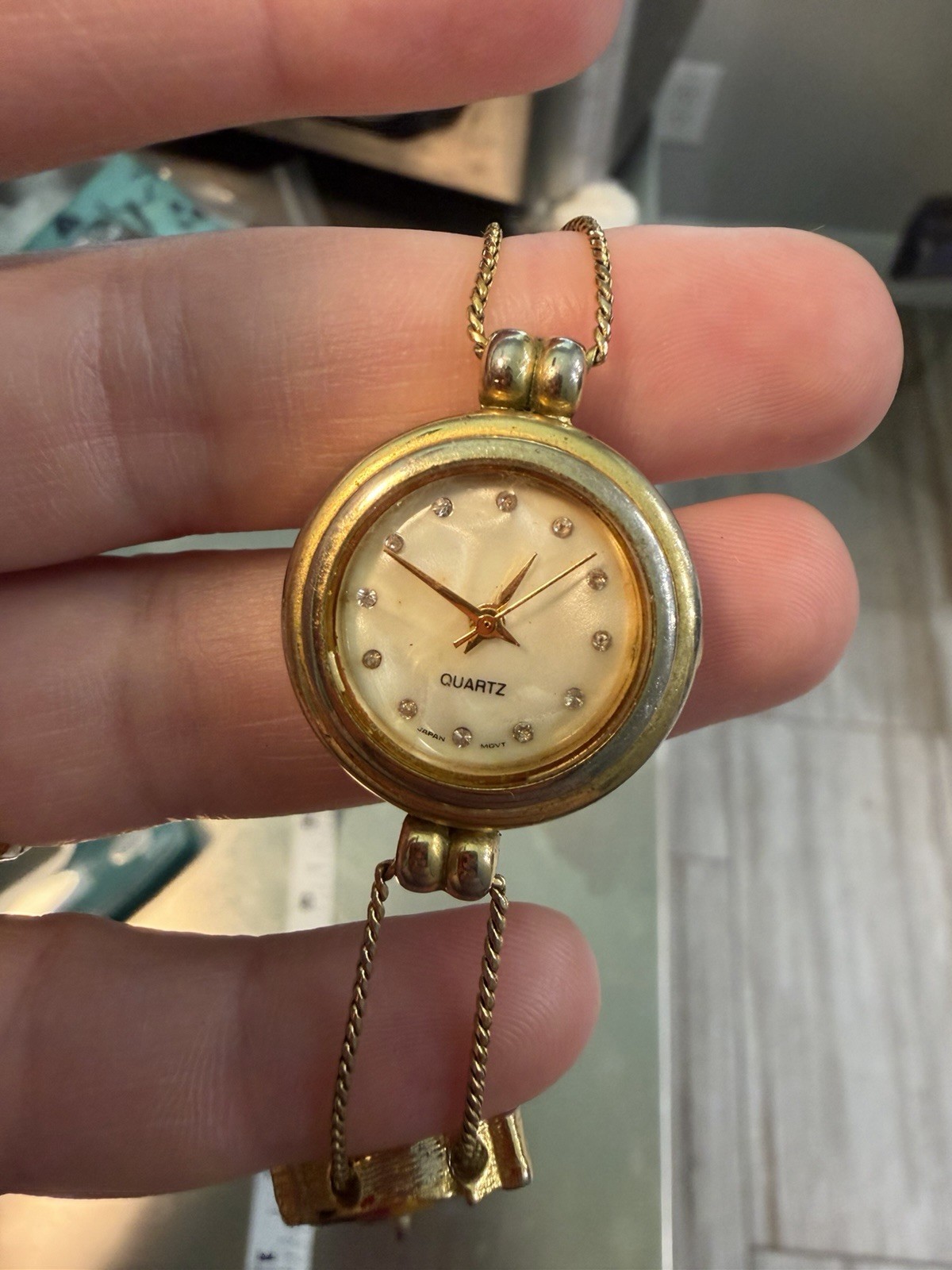 Gold-Toned Quartz Watch Slide Bracelet w/Travel Themed Painted Charms