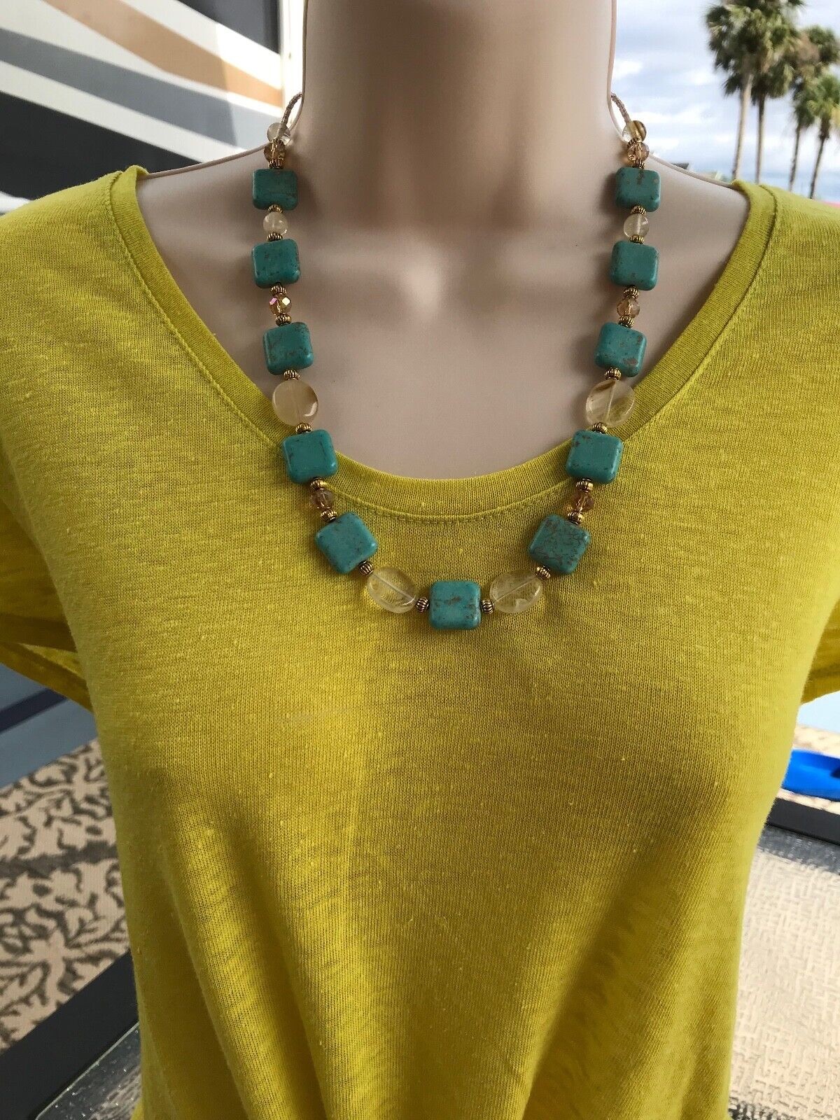 Handmade Necklace Turquoise Magnesite, Honey Quartz and Champagne Crystal Beads