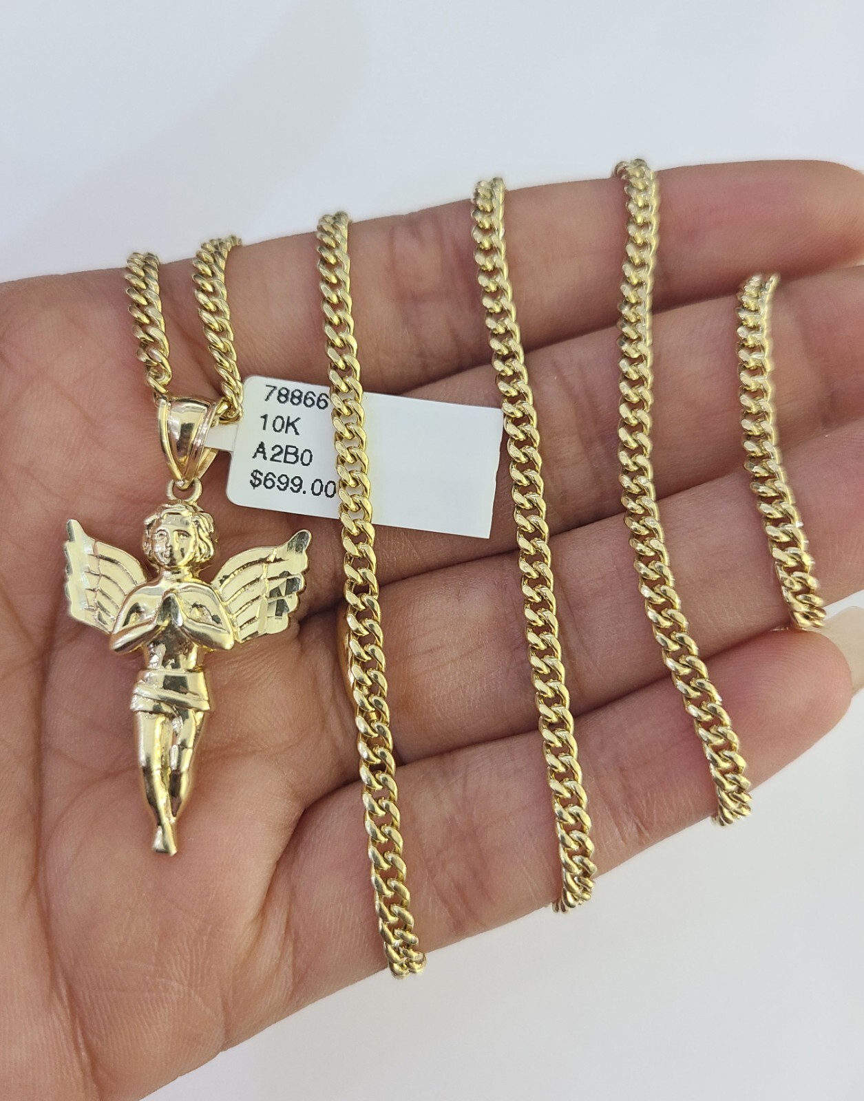 10K Gold Miami Cuban Chain Praying Angel Charm 18″-30″ 3mm REAL Pendant