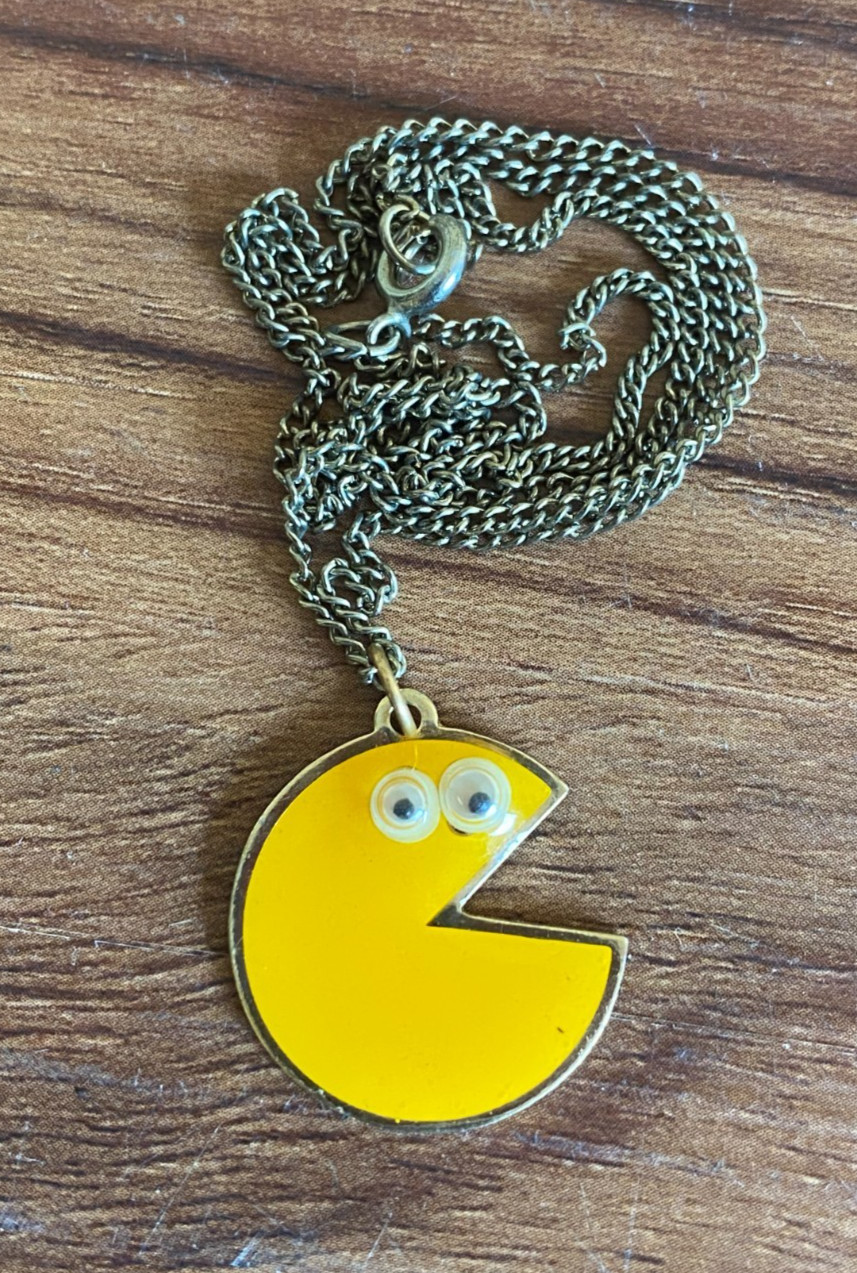 Vintage Pac-Man Googly Eyed Necklaces Rare Yellow Enamel Charm & Chain