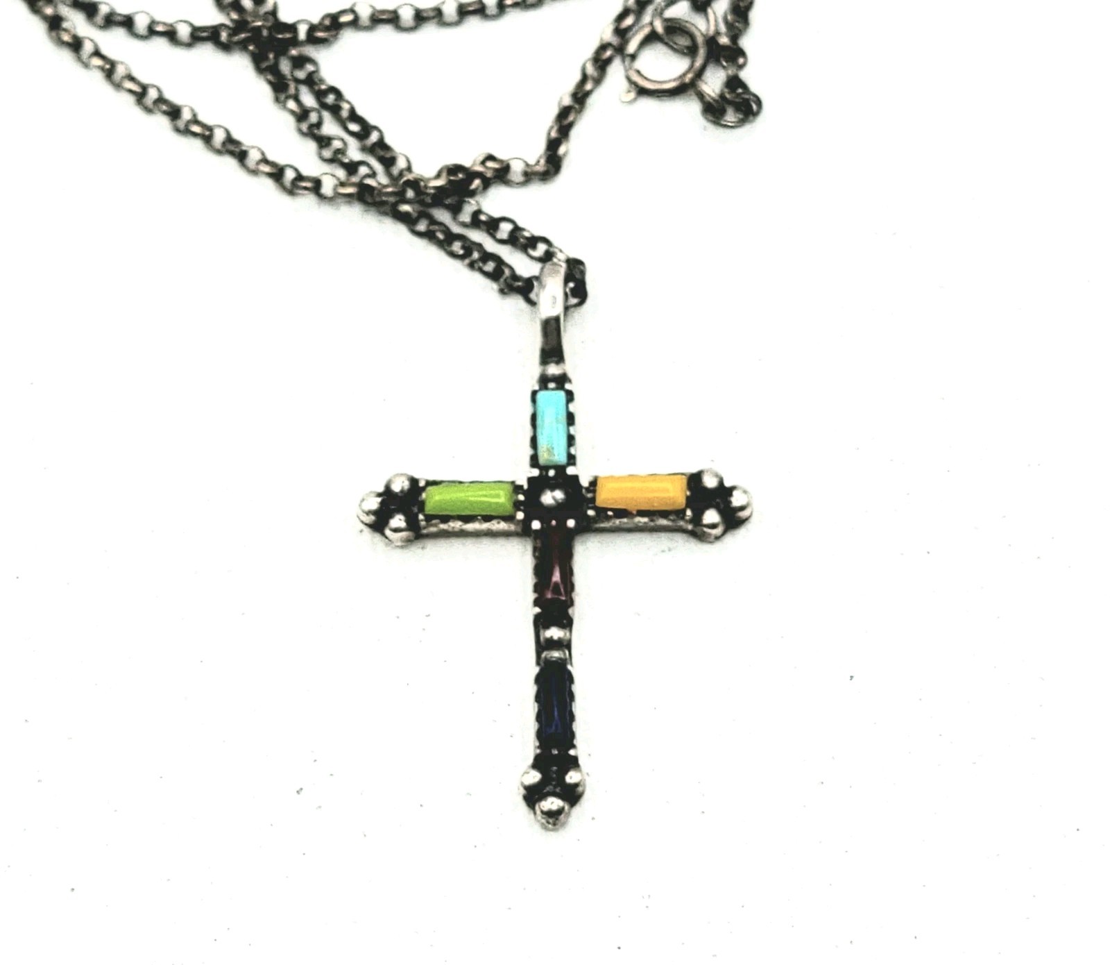 Sterling Silver Cross Pendant Multi-colored Stone Inlays On 20″ Long Chain