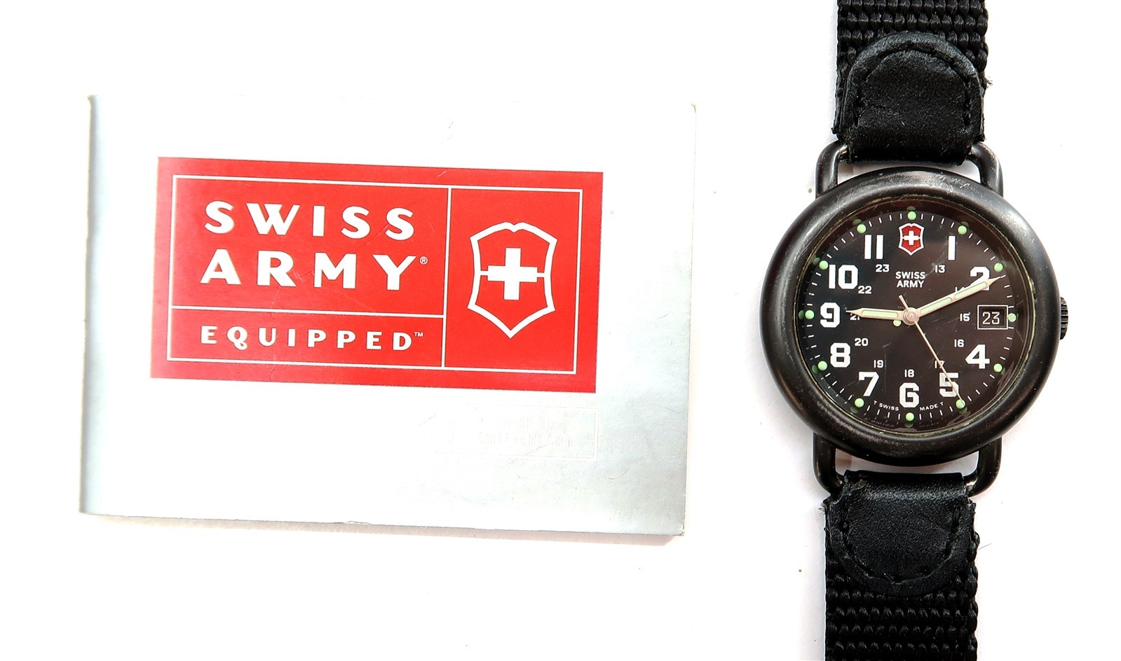SWISS ARMY Mens Quartz Date Watch 37mm Black WORKS NEW BATTERY ~ CROWN ISSUE