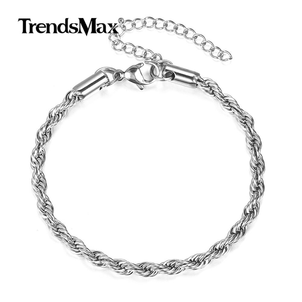 2/3/4/5MM Silver Stainless Steel Twisted Rope Link Chain Bracelet Anklet Unisex