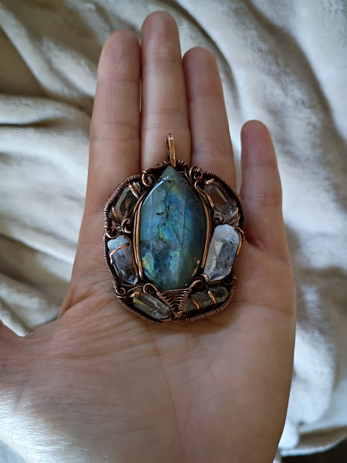 Labradorite Surrounded In Quartz Crystals Wirewrap Pendant Copper Statement
