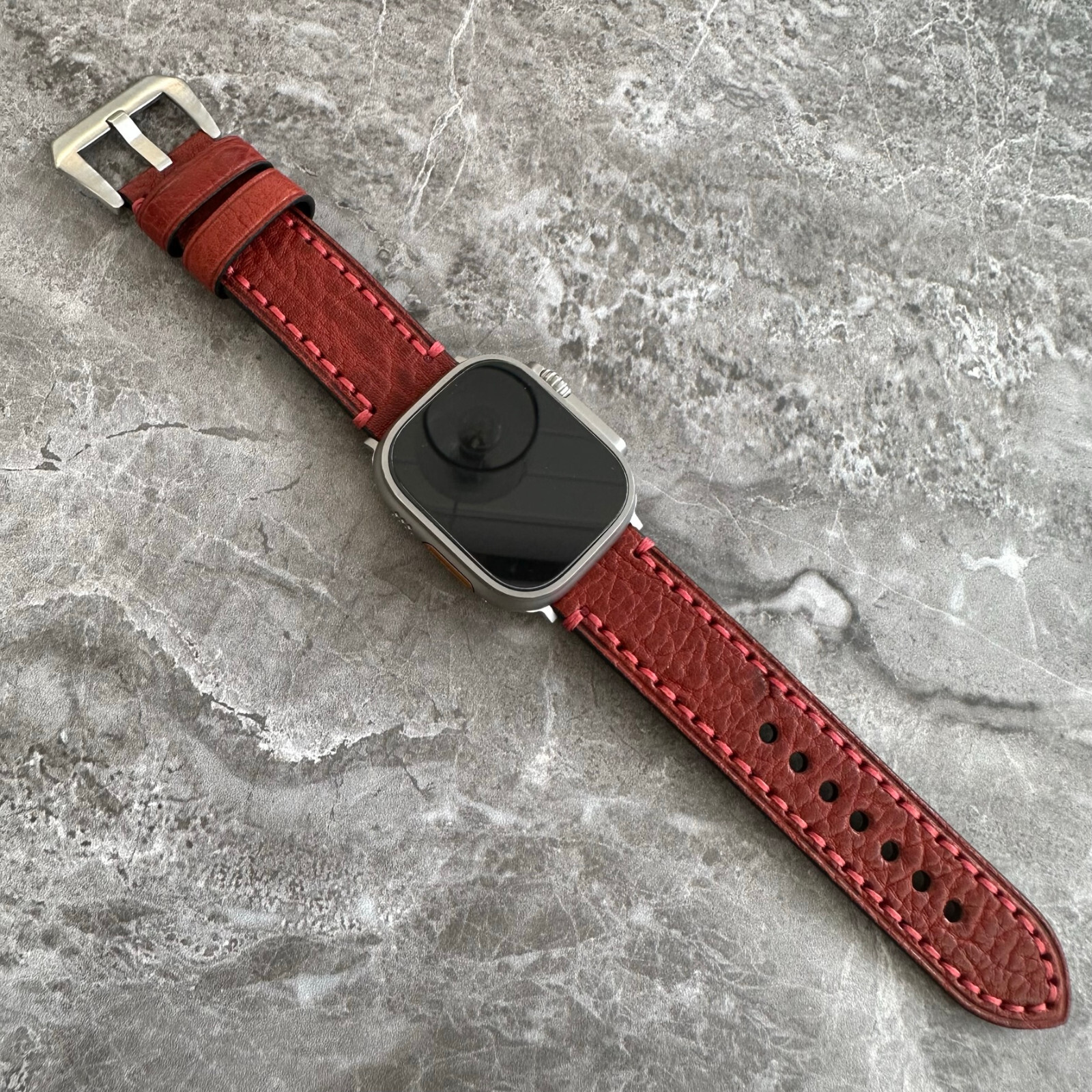Premium Thick Red Lychee Leather Watch Strap Band For Apple Watch Ultra 1 2 49mm