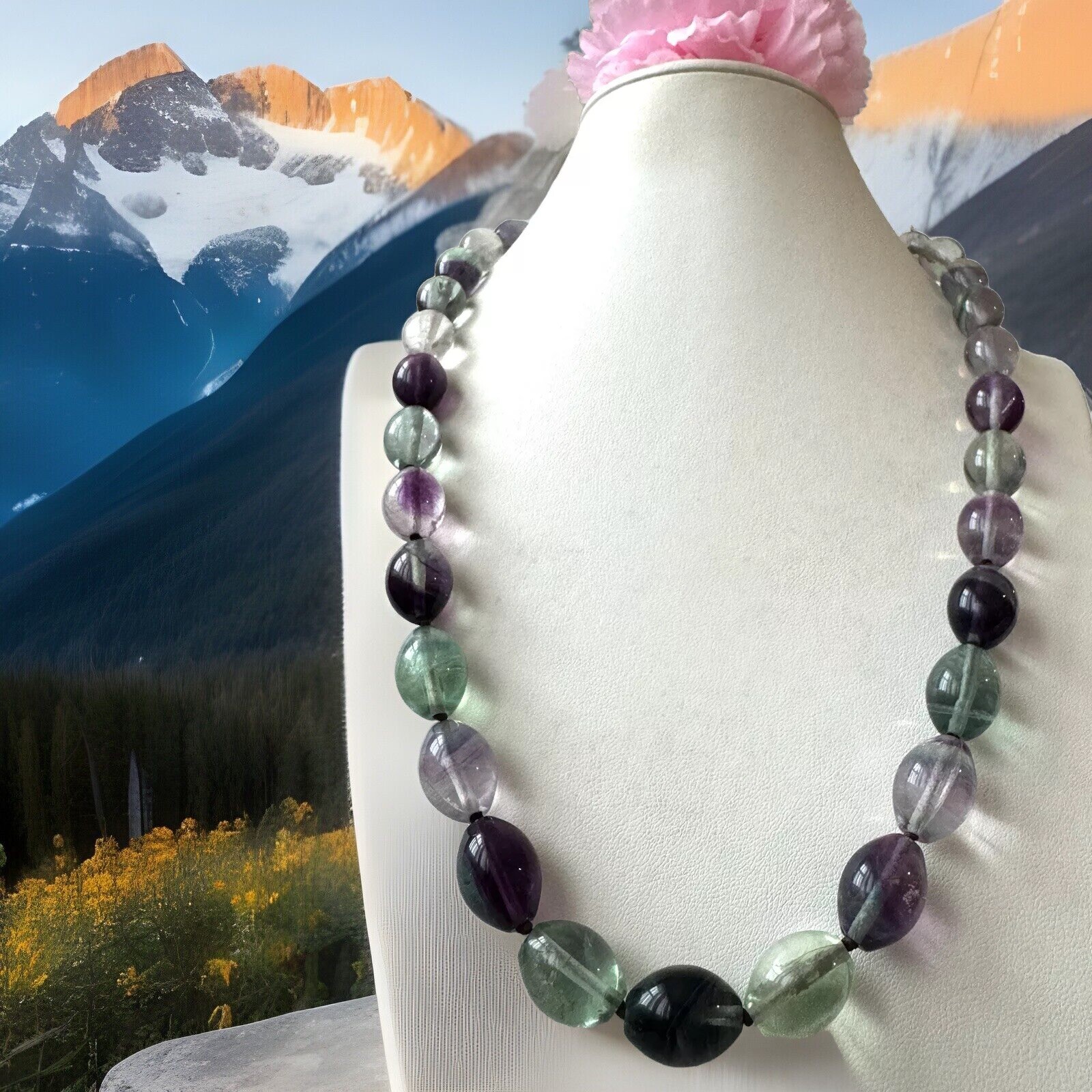 Stunning Natural Fluorite gemstone oval shape hand knotted,gold filled clasp115g