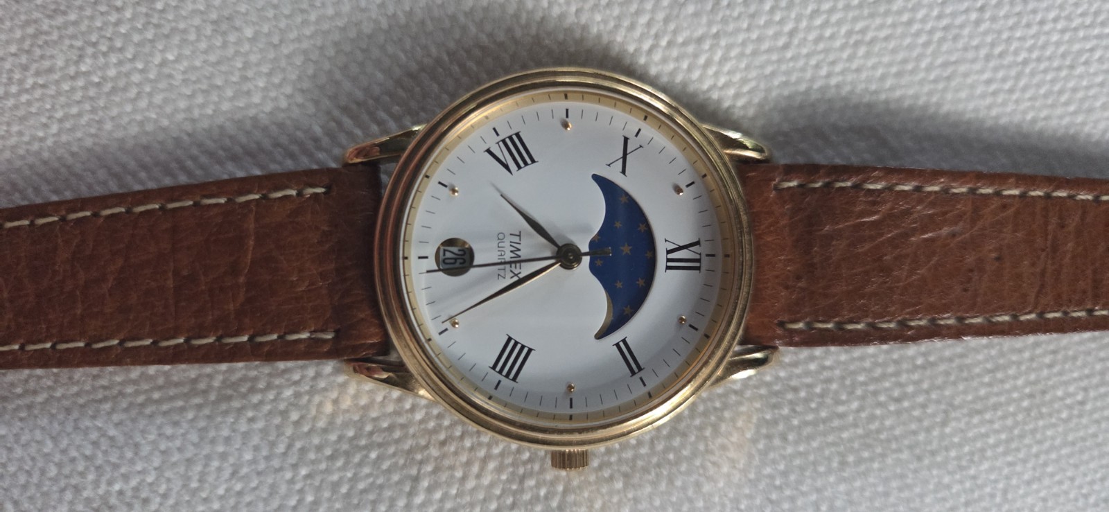 Vtg Timex Moon Phase Date Watch Unisex Gold Tone New Tan Leather Band Men’s