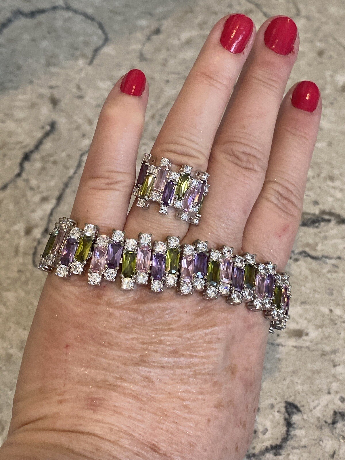 Sterling Silver Pink, Green, Purple, & White Cubic Zirconia Ring HSN