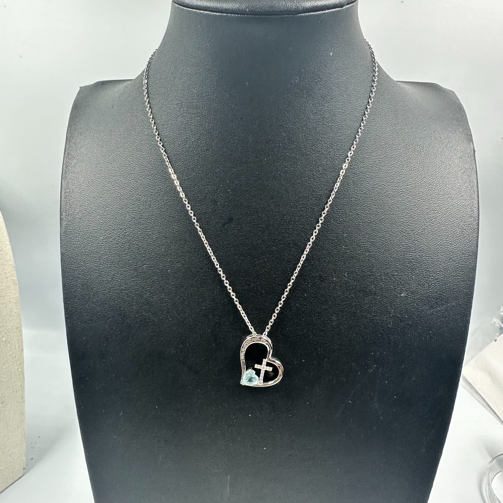 I Am A Child of God Heart Necklace Silver Tone Cross Blue Stone Accent 17 Inches