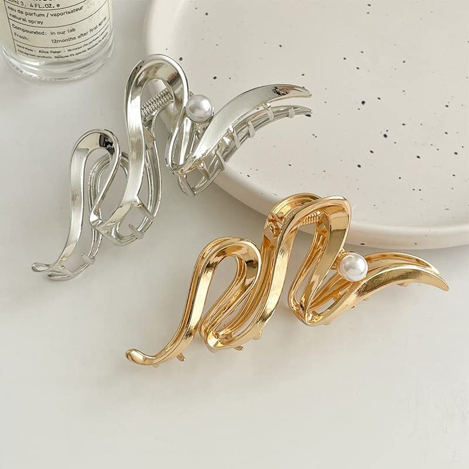 Silver Metallic Ribbon-Shaped Pearl Metal Hair Claw Clips, Large Hair Claw No…