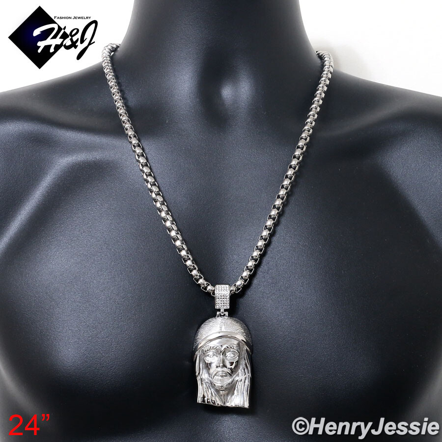 18-40″MEN Stainless Steel 7mm Silver Box Link Chain BIG ICY CZ Jesus Pendant*143