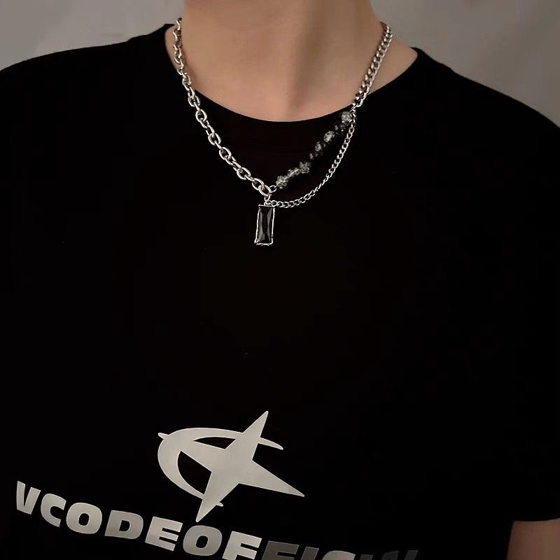 Black White Bead Necklace Stainless Steel Silver Unisex Gothic Y2K Stack Pendant