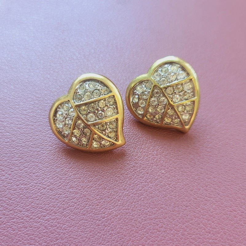 Gold tone earrings studs large diamante heart pierced retro pre-owned 2.5cm