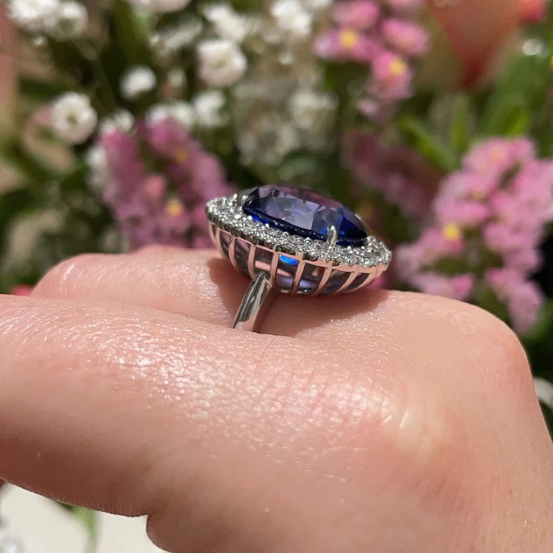 5.00 Ct Oval Natural Sapphire & Diamond Engagement Ring 14K White Gold Size 8