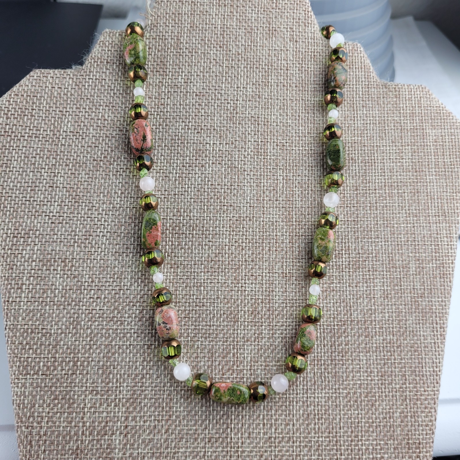 Green and Adobe Pink Color Stone Glass Bead Necklace 17″ Artisan Made