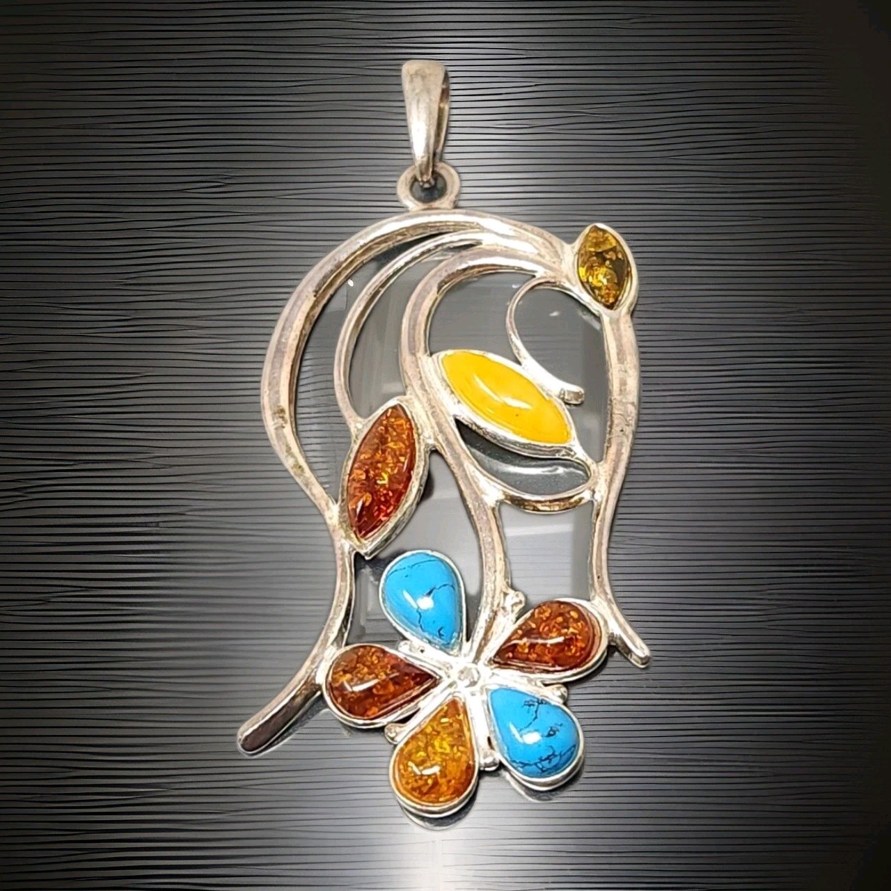 Vintage Sterling Silver 925 Yellow Baltic Amber Turquoise Flower Pendant