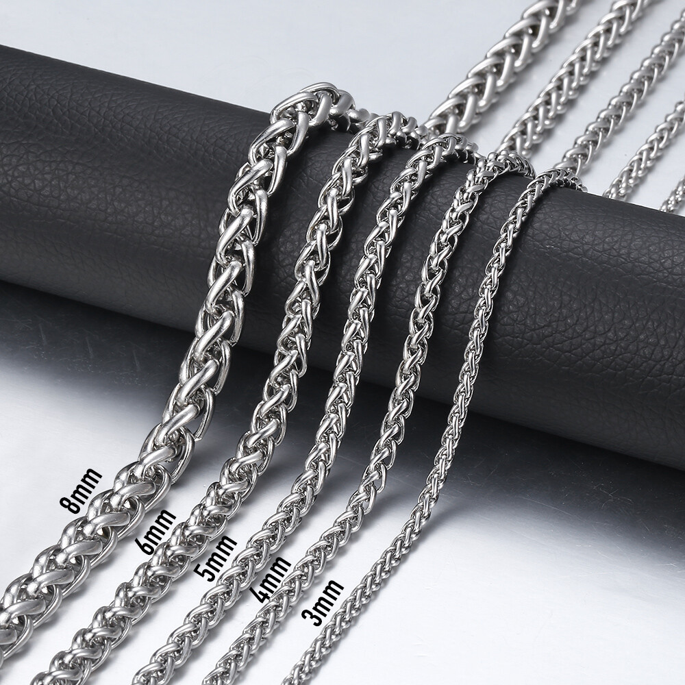3/4/5/6/8mm Unisex Wheat Spiga Chain Stainless Steel Necklace Gold/Silver Men