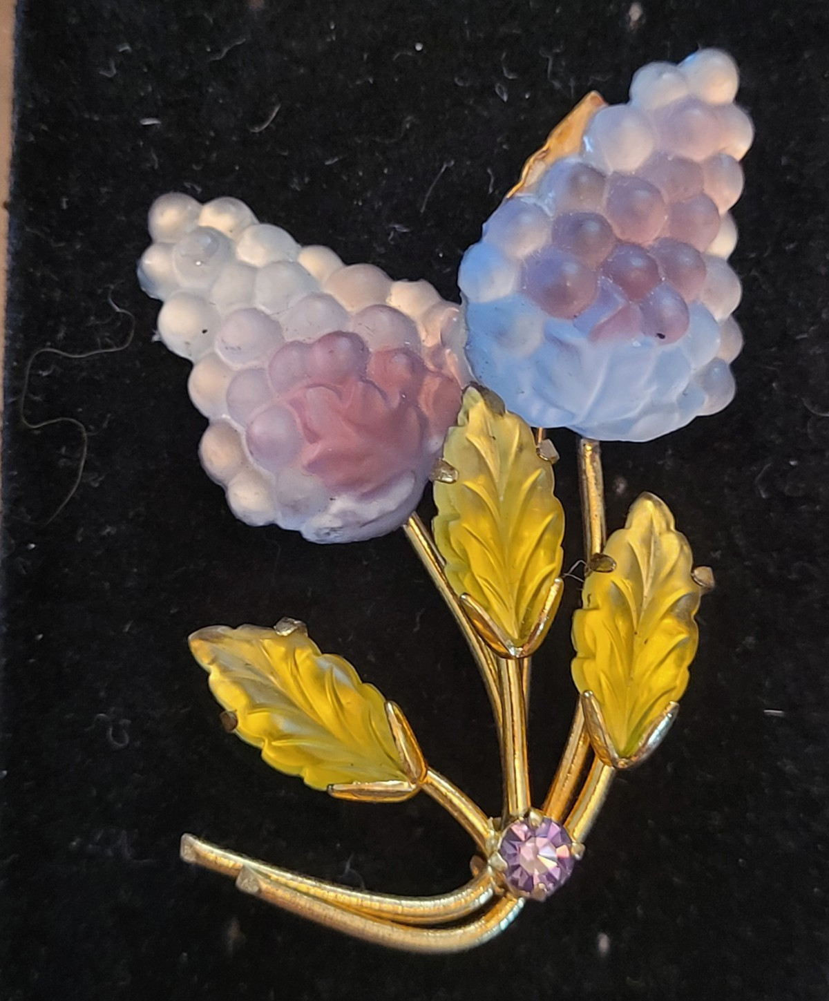 Austria Signed Gold Tone Floral Flower Brooch Blue Purple Glass Vintage 1950s