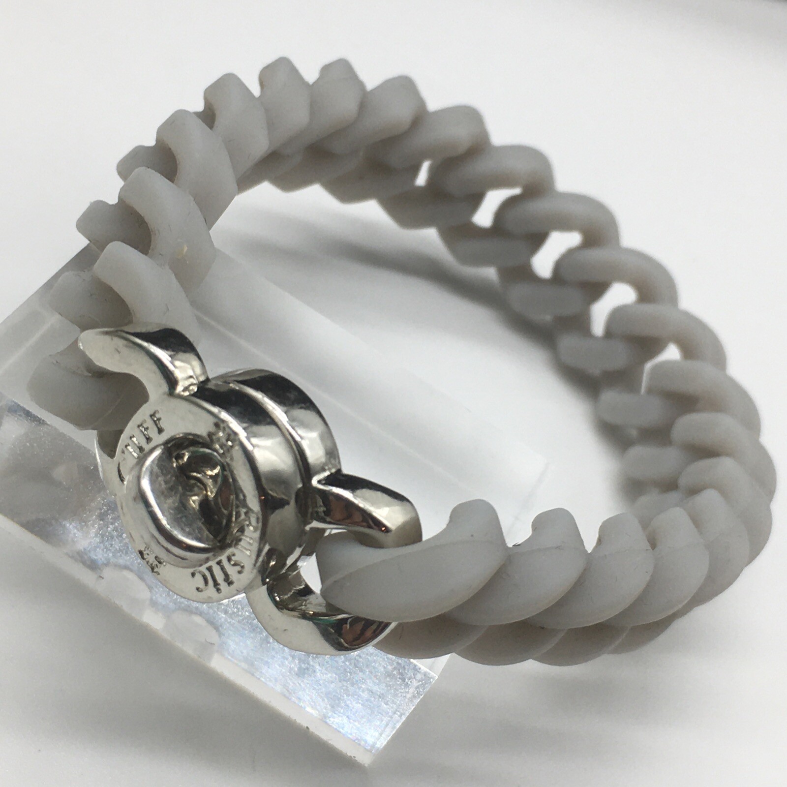 Rustic Cuff Gray Silver Tone Logo Turn Lock Silicone Stretch Chain Bracelet