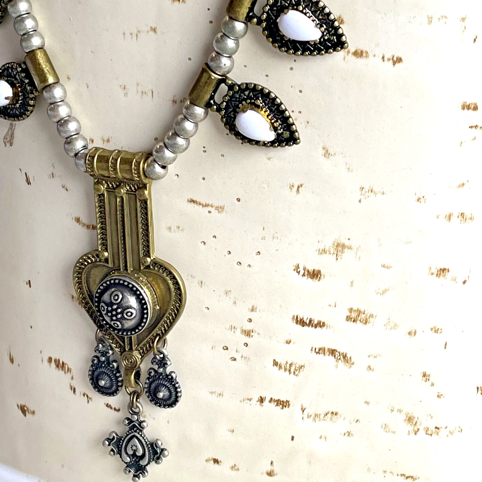 Vintage ELFE Italy White Resin Naja Squash Blossom Statement Pendant Necklace