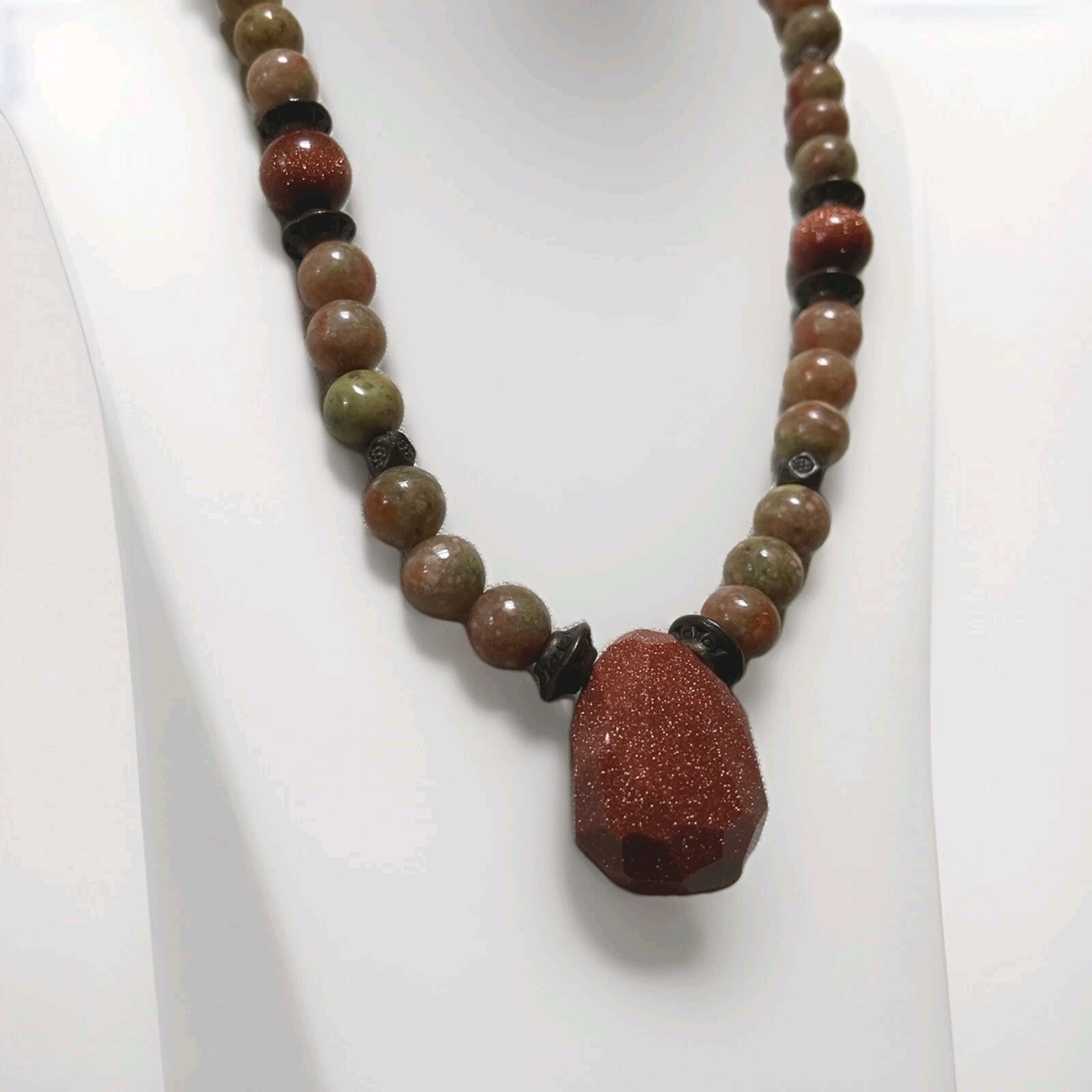 Gold SandStone Pendant On A 16” Choker Necklace Genuine Stones Metal Beads