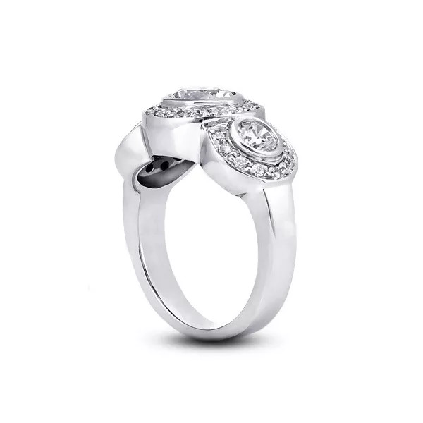 14K Gold 3-Stone Engagement Ring Halo 1.81 Carat Round Lab-Grown Diamond E VS1