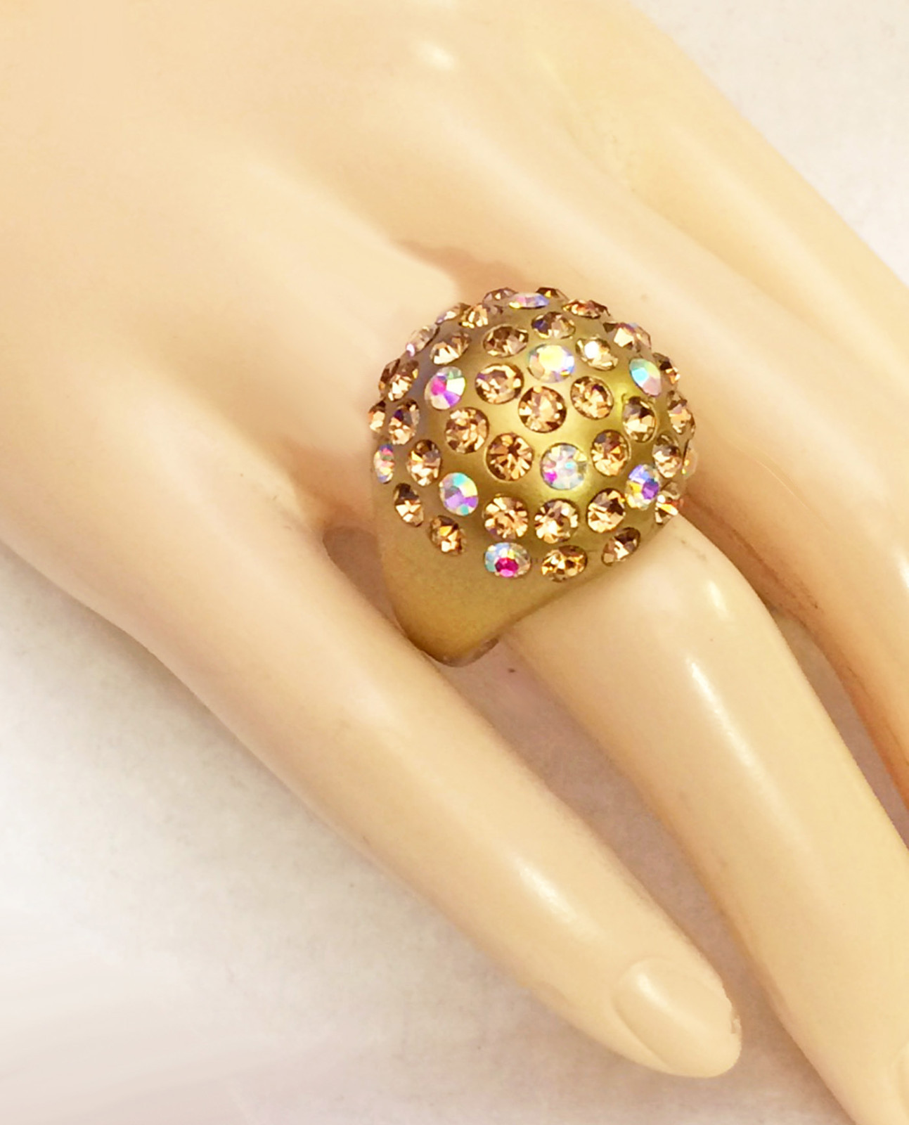 Gold Lucite Acrylic Rhinestone Dome Ring Topaz Color / AB Aurora *USA*Gift Box