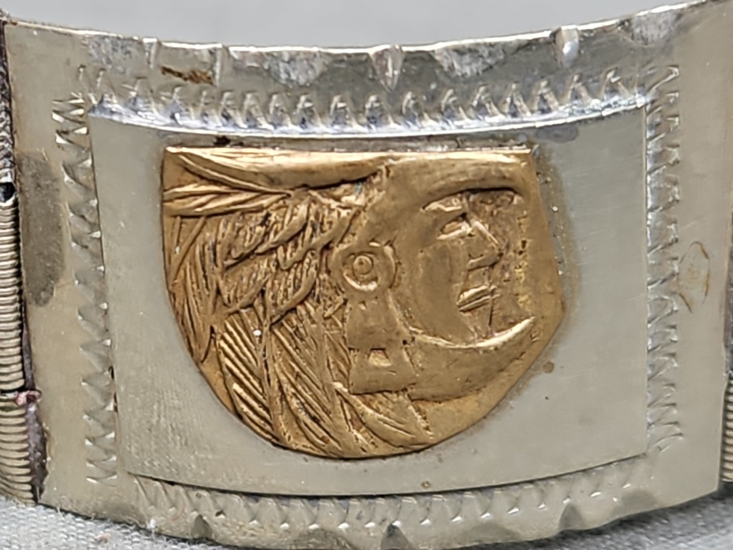 Vintage Alpaca Silver Mexico Two-Tone Mayan Sun Eagle Warrior 6¾” Panel Bracelet
