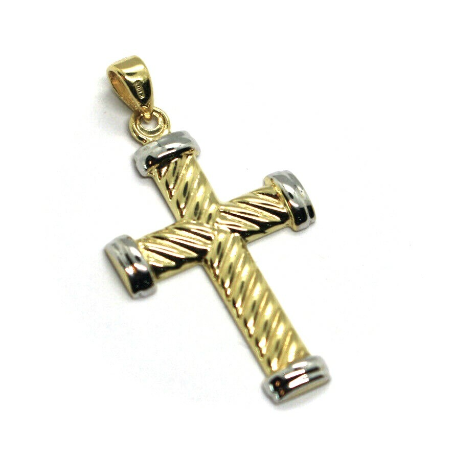 18K YELLOW WHITE GOLD CROSS PENDANT 30mm 1.18 inches, ROUNDED STRIPED