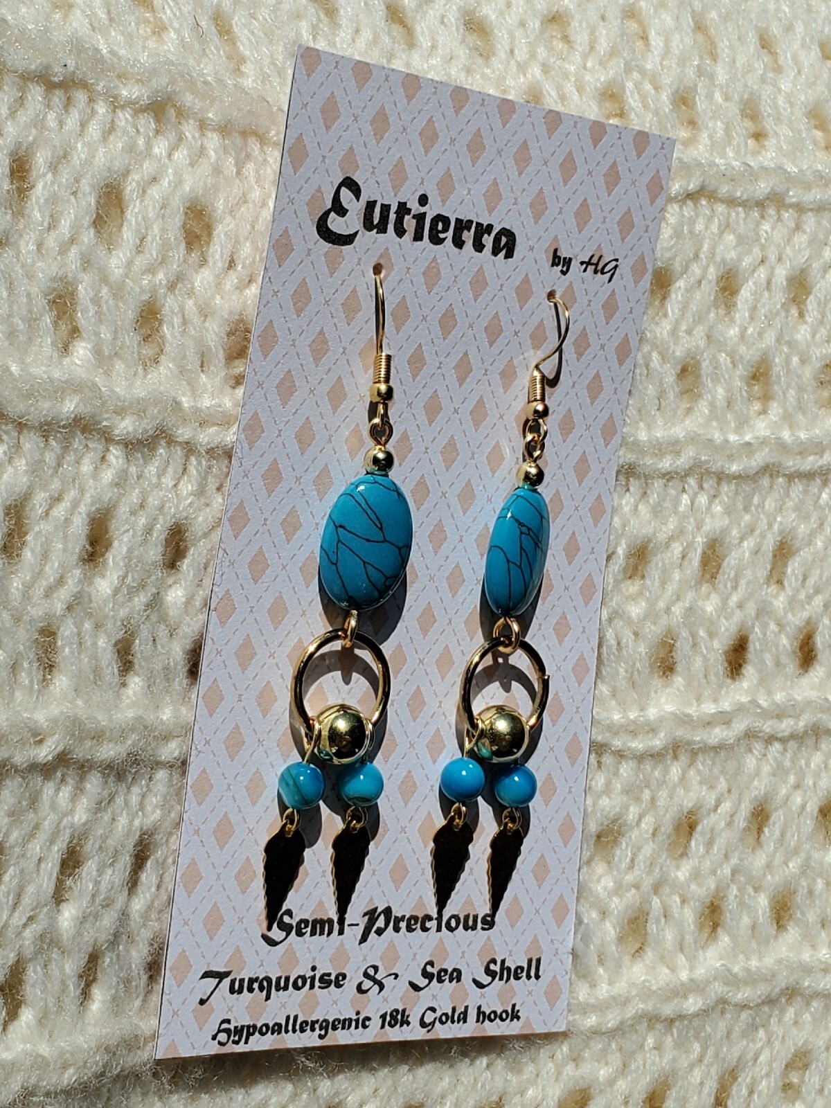 Eutierra Semi-Precious Turquoise & Sea Shell Earrings Hand Crafted In USA 3 1/4″