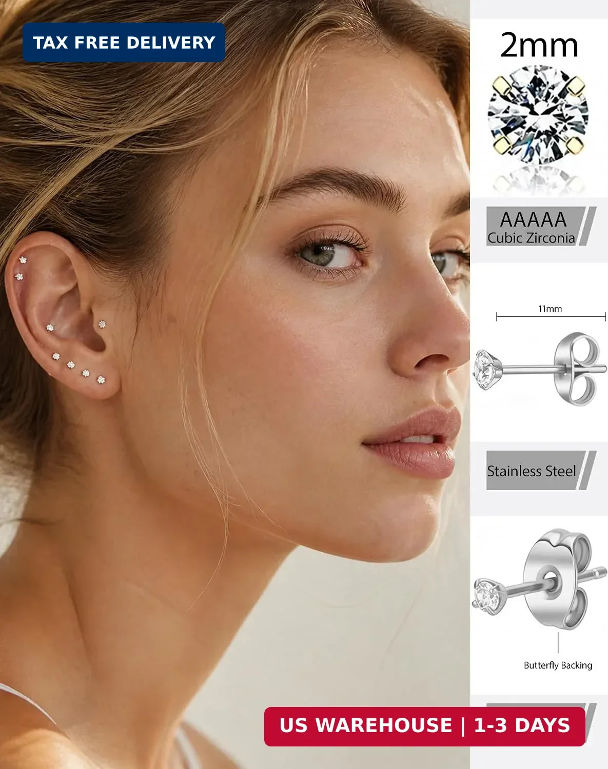 5/10 Pairs Gold Silver Small Stud Earrings for Women Men, Surgical Steel | 2mm C